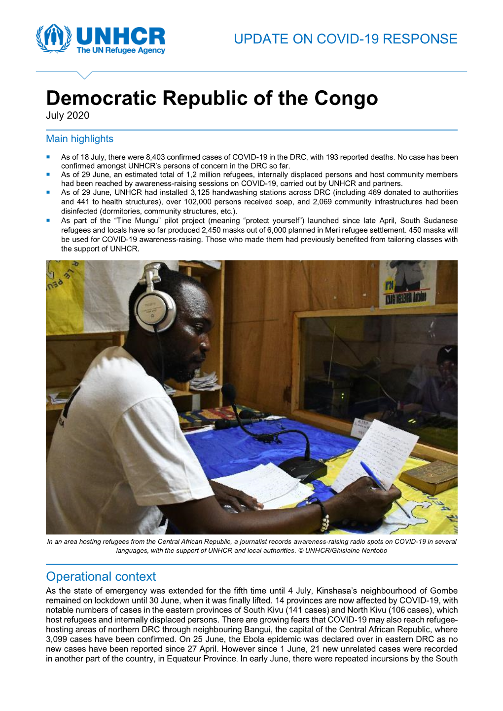 UNHCR Democratic Republic of the Congo COVID-19 Update