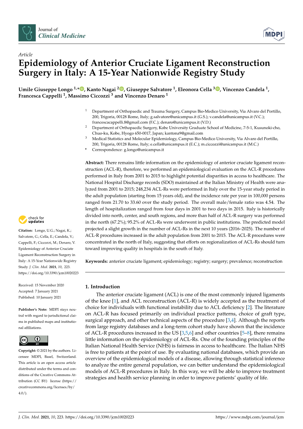 Epidemiology of Anterior Cruciate Ligament Reconstruction Surgery in Italy: a 15-Year Nationwide Registry Study