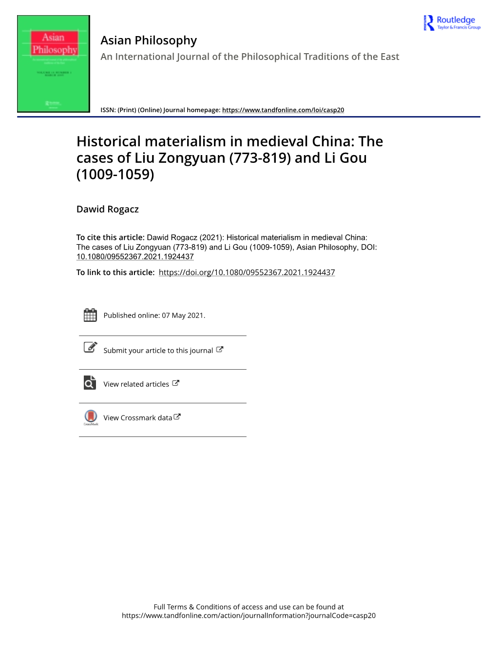 Historical Materialism in Medieval China: the Cases of Liu Zongyuan (773-819) and Li Gou (1009-1059)