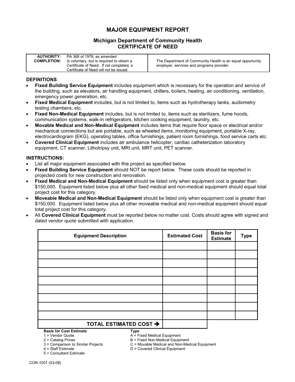 Major Movable Equipment Listing