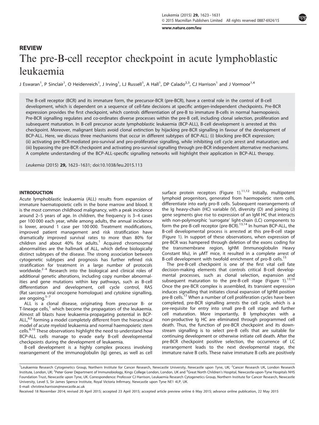 The Pre-B-Cell Receptor Checkpoint in Acute Lymphoblastic Leukaemia