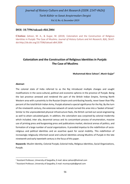 Colonialism and the Construction of Religious Identities in Punjab: the Case of Muslims