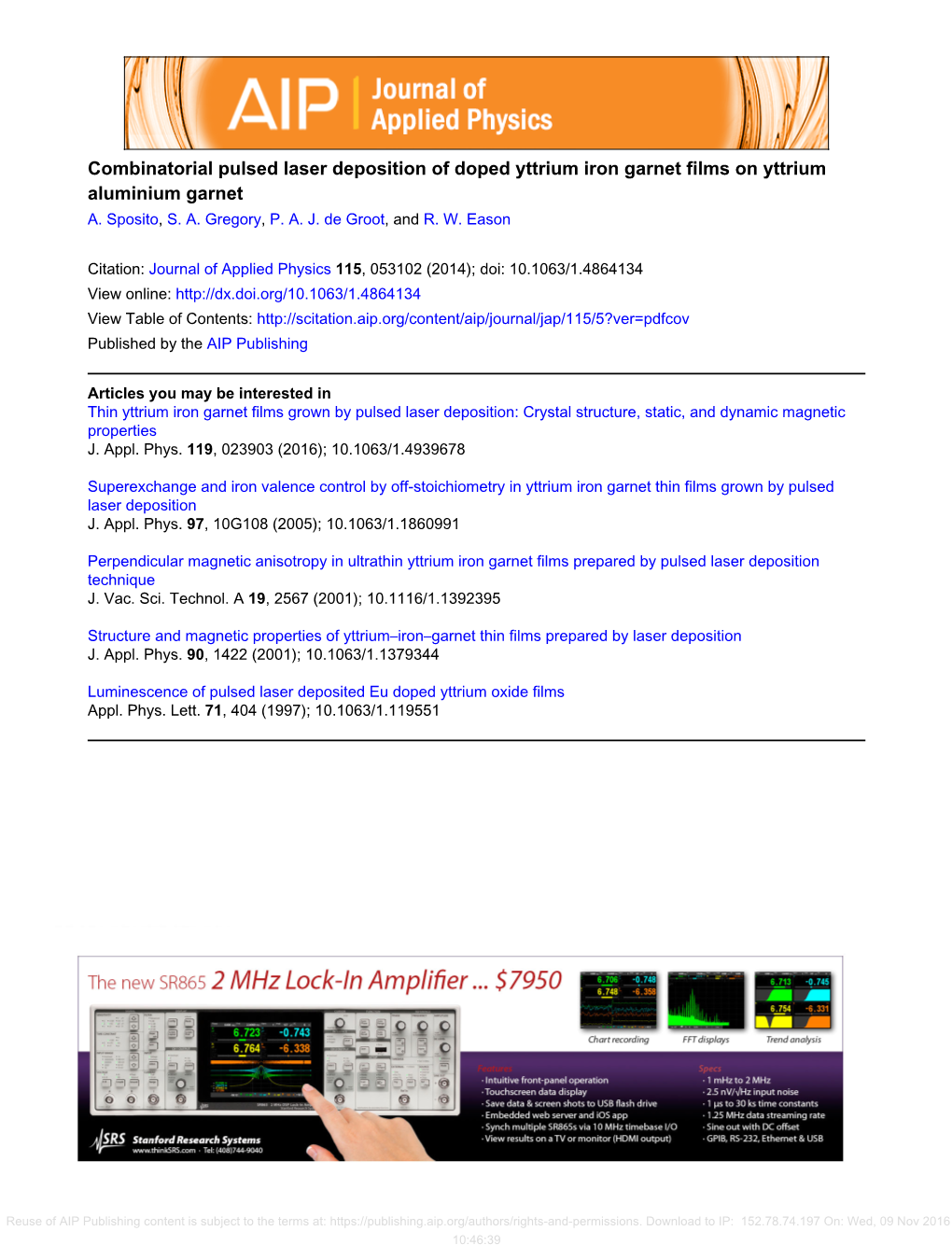 Combinatorial Pulsed Laser Deposition of Doped Yttrium Iron Garnet Films on Yttrium Aluminium Garnet A