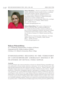 Halyna Pshenichkina Ethnographic Regions in the Territory of Contemporary Cherkasy District by Features of Ritual Folk Songs 149