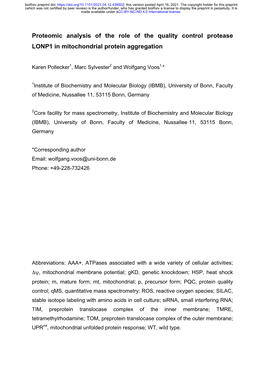 Proteomic Analysis of the Role of the Quality Control Protease LONP1 in Mitochondrial Protein Aggregation