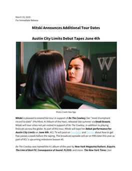 March 19, 2019 Mitski Announces Additional Tour Dates | Austin City