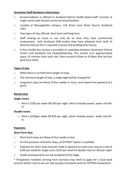 Greenlane Staff Residence Information O Accommodation Is Offered to Auckland District Health Board Staff