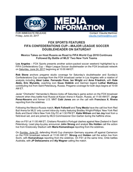 Fox Sports Features Fifa Confederations Cup—Major League Soccer Doubleheader on Saturday