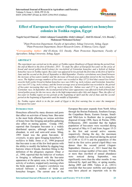 Effect of European Bee-Eater (Merops Apiaster) on Honeybee Colonies in Toshka Region, Egypt