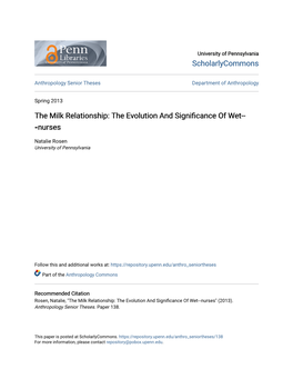 The Milk Relationship: the Evolution and Significance of Et-W - ‐Nurses