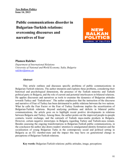 Public Communications Disorder in Bulgarian-Turkish Relations: Overcoming Discourses and Narratives of Fear