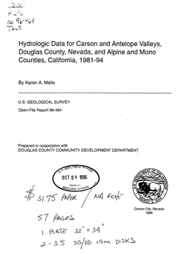 Hydrologic Data for Carson and Antelope Valleys, Douglas County, Nevada, and Alpine and Mono Counties, California, 1981-94