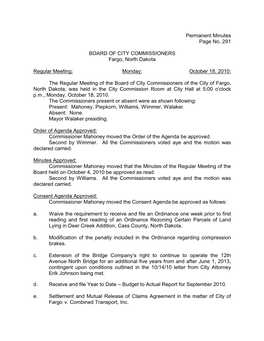 Permanent Minutes Page No. 291 BOARD of CITY