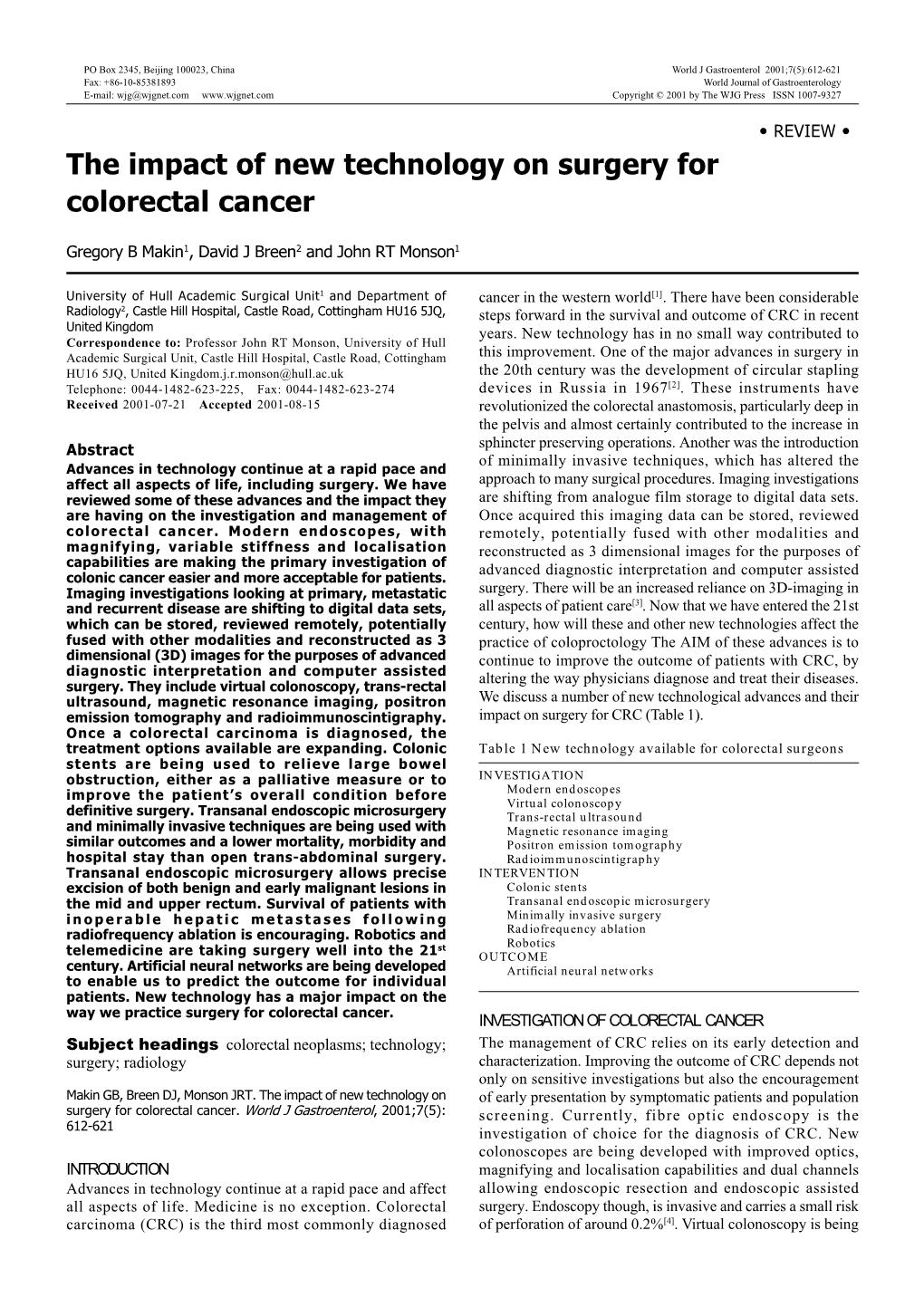 The Impact of New Technology on Surgery for Colorectal Cancer