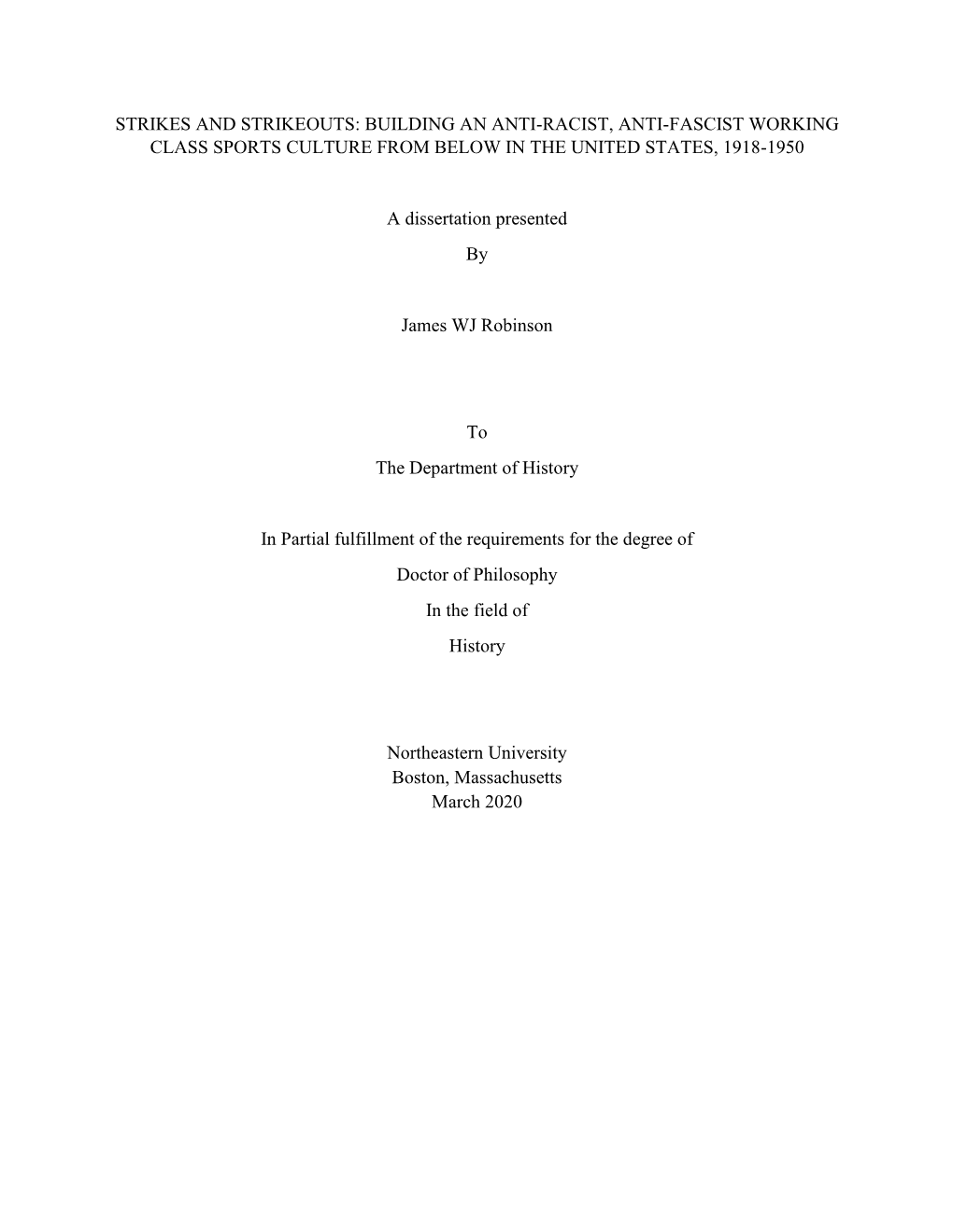 Strikes and Strikeouts: Building an Anti-Racist, Anti-Fascist Working Class Sports Culture from Below in the United States, 1918-1950