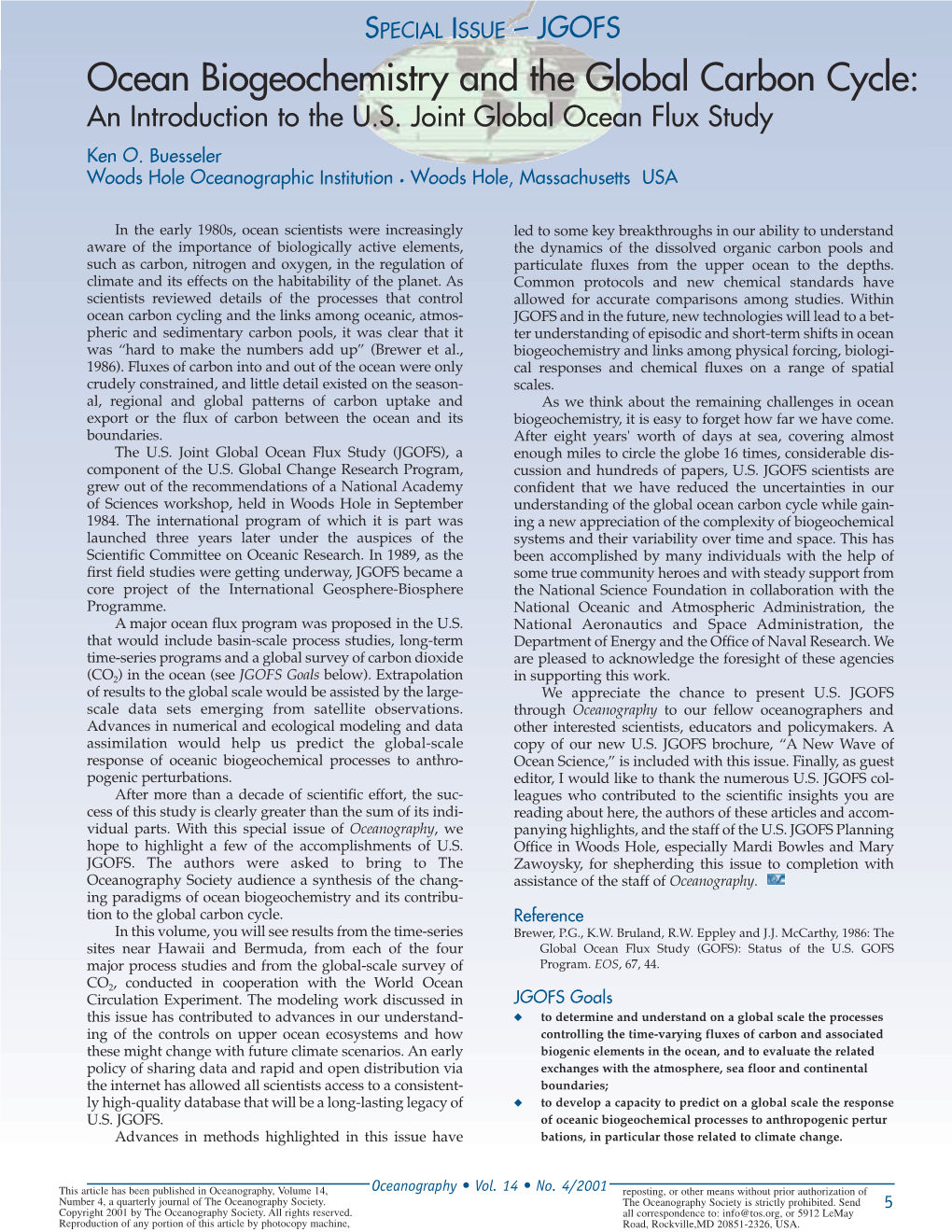 Ocean Biogeochemistry and the Global Carbon Cycle: an Introduction to the U.S