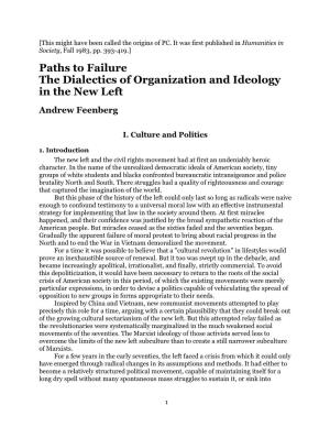 Paths to Failure the Dialectics of Organization and Ideology in the New Left