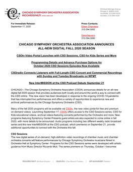 Chicago Symphony Orchestra Association Announces All-New Digital Fall 2020 Season