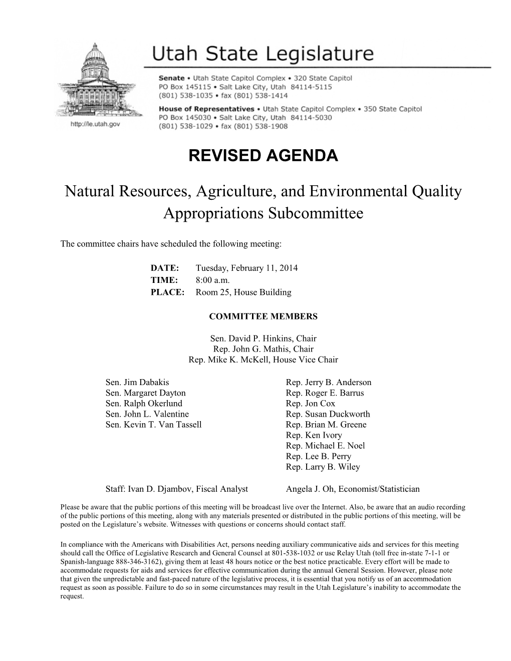 REVISED AGENDA Natural Resources, Agriculture, and Environmental Quality Appropriations Subcommittee February 11, 2014