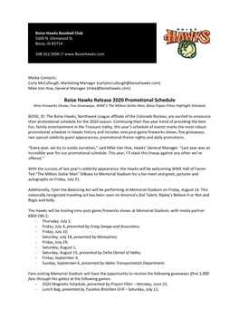 Boise Hawks Release 2020 Promotional Schedule Nine Fireworks Shows, Five Giveaways, WWE’S the Million Dollar Man, Boise Papas Fritas Highlight Schedule