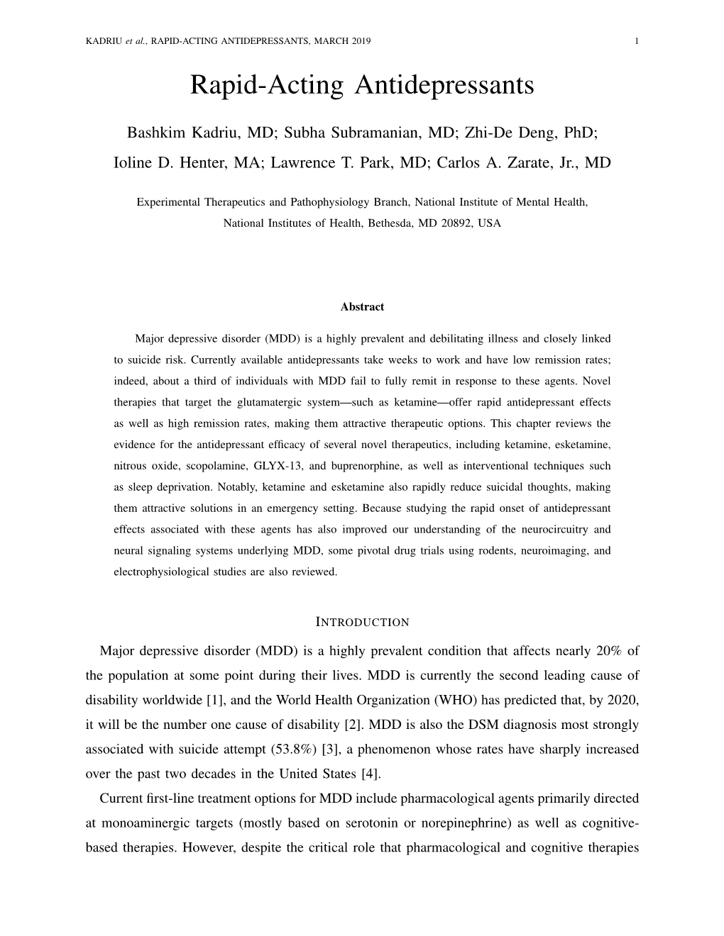 RAPID-ACTING ANTIDEPRESSANTS, MARCH 2019 1 Rapid-Acting Antidepressants