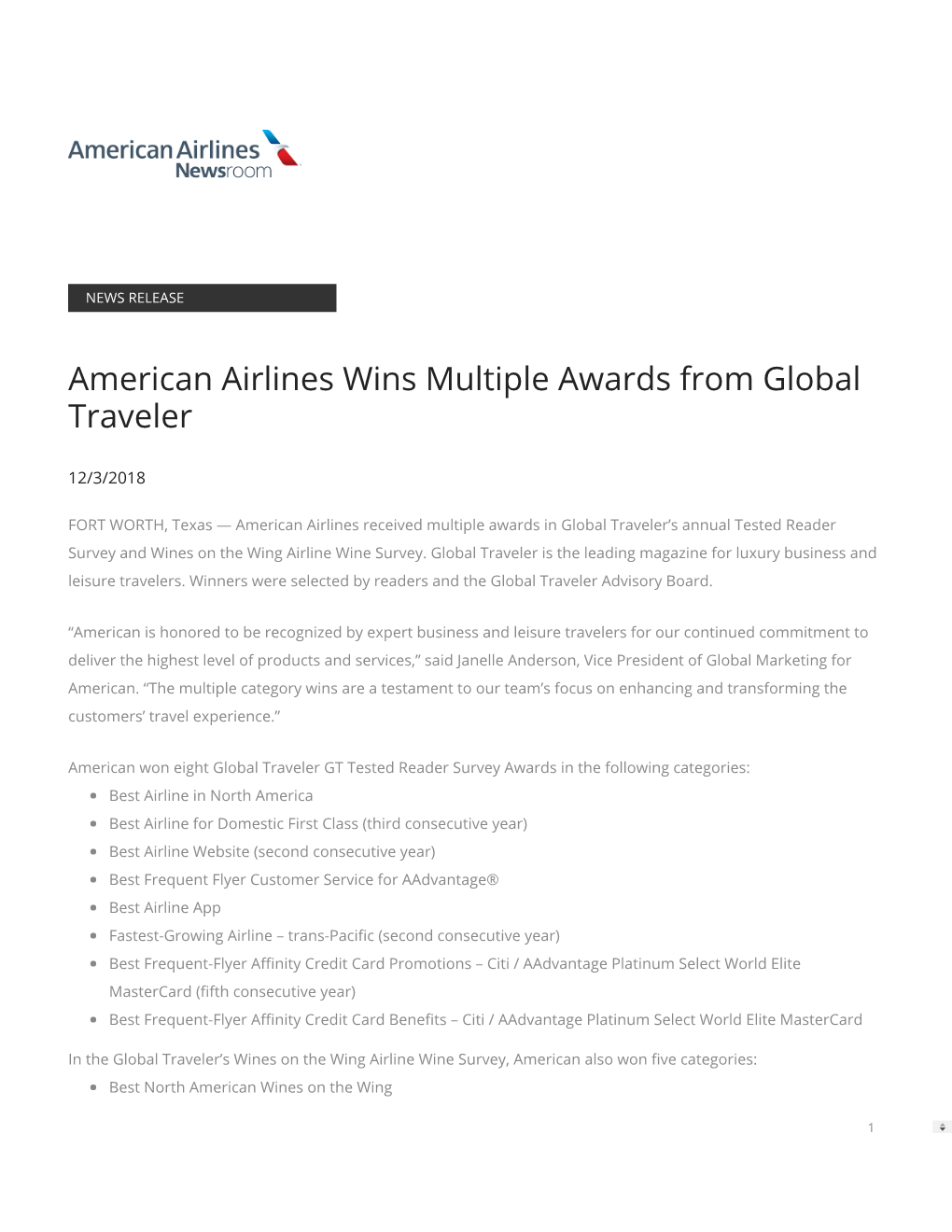 American Airlines Wins Multiple Awards from Global Traveler