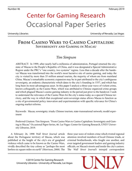 From Casino Wars to Casino Capitalism: Sovereignty and Gaming in Macau