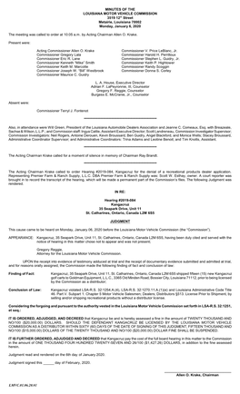 MINUTES of the LOUISIANA MOTOR VEHICLE COMMISSION 3519 12Th Street Metairie, Louisiana 70002 Monday, January 6, 2020