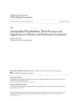 Autotrophic Picoplankton: Their Rp Esence and Significance in Marine and Freshwater Ecosystems Harold G