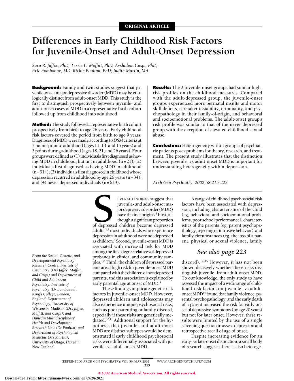 Differences in Early Childhood Risk Factors for Juvenile-Onset and Adult-Onset Depression