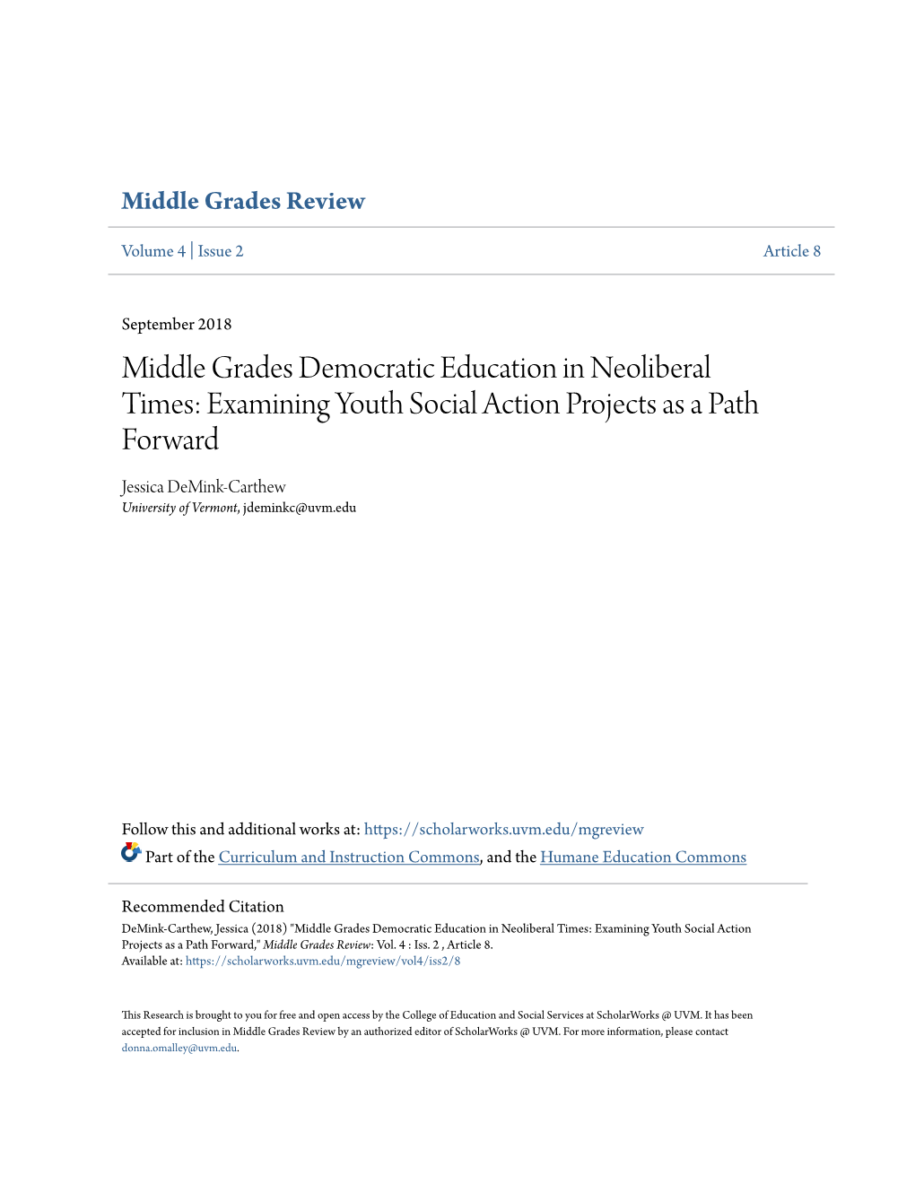 Middle Grades Democratic Education in Neoliberal Times