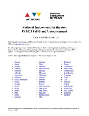 National Endowment for the Arts FY 2017 Fall Grant Announcement