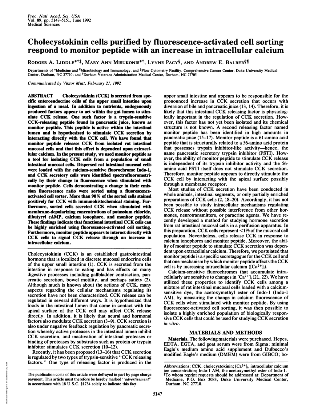 Cholecystokinin Cells Purified by Fluorescence-Activated Cell Sorting Respond to Monitor Peptide with an Increase in Intracellular Calcium RODGER A