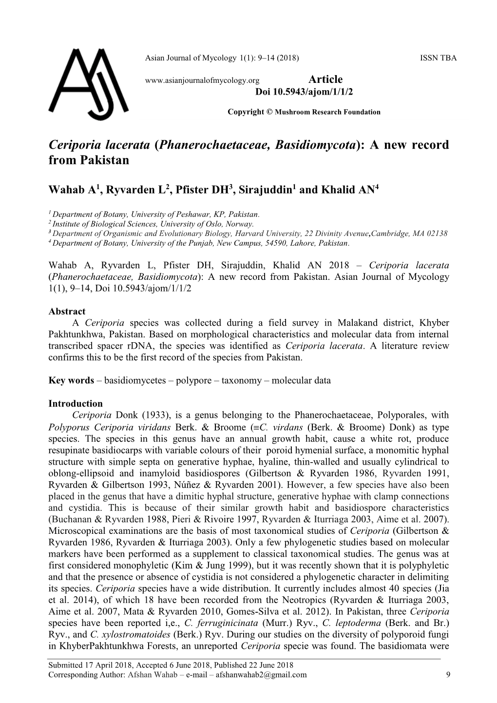 Ceriporia Lacerata (Phanerochaetaceae, Basidiomycota): a New Record from Pakistan