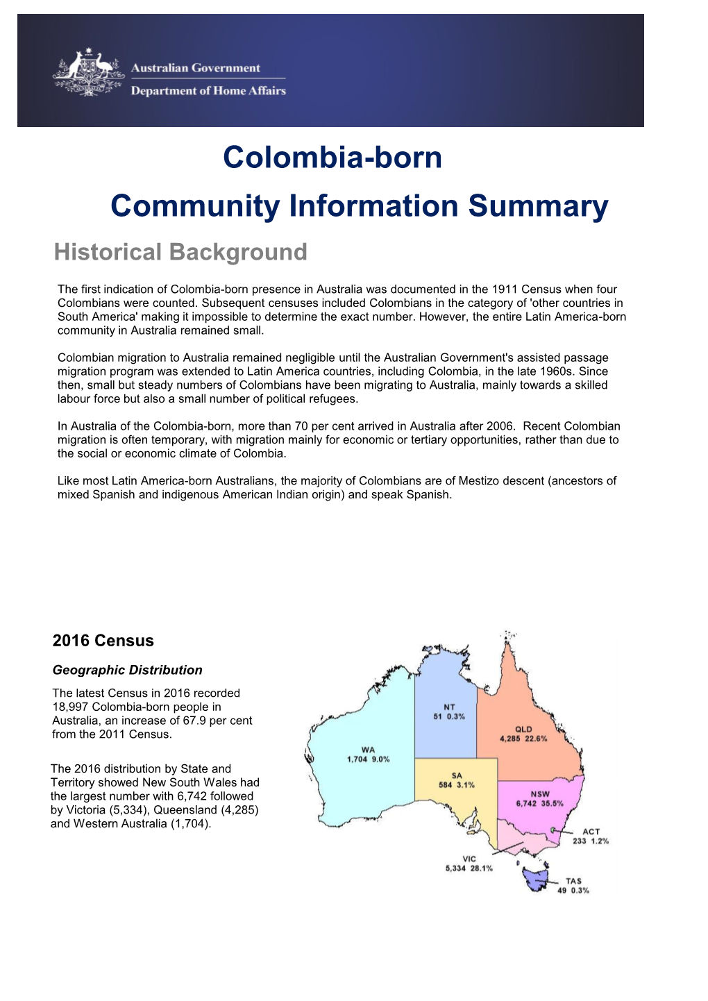 Colombia-Born Community Information Summary Historical Background