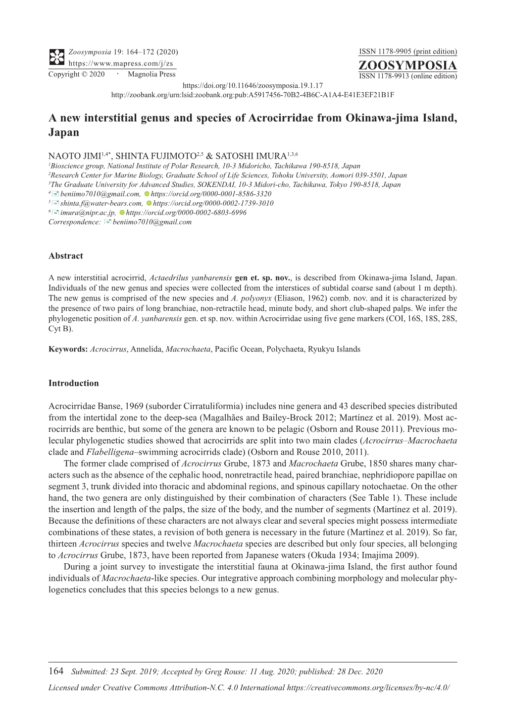 A New Interstitial Genus and Species of Acrocirridae from Okinawa-Jima Island, Japan