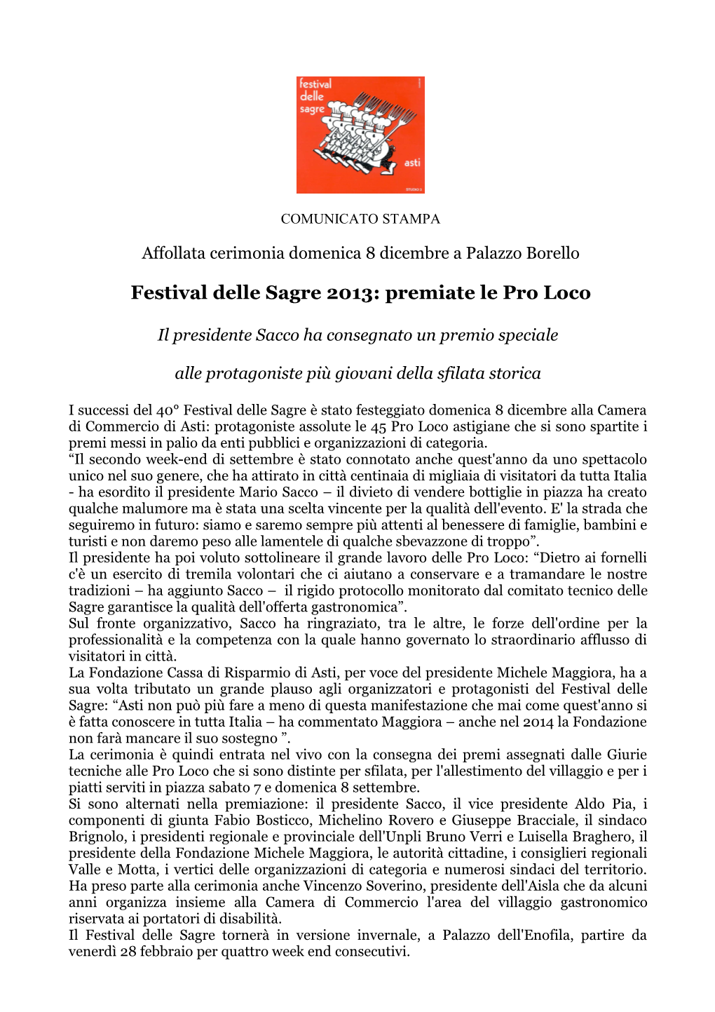 Festival Delle Sagre 2013: Premiate Le Pro Loco