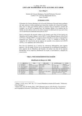Lista De Mamíferos Actuales Del Ecuador