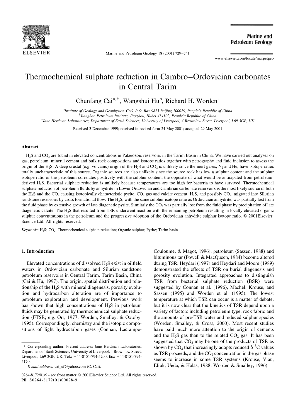 Thermochemical Sulphate Reduction in Cambro±Ordovician Carbonates in Central Tarim