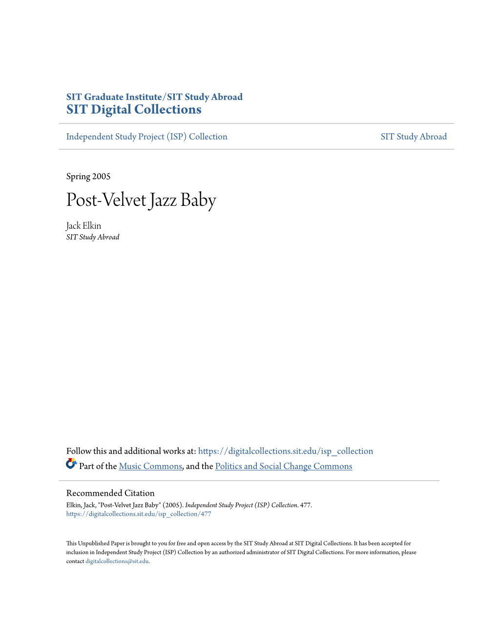 Post-Velvet Jazz Baby Jack Elkin SIT Study Abroad