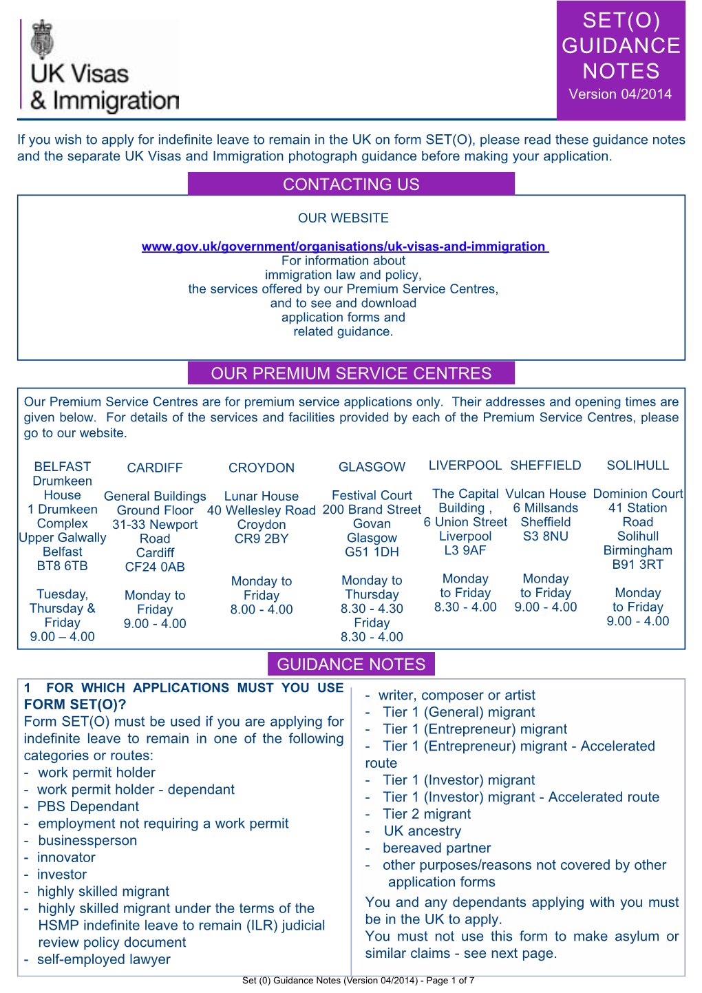 SET(O) GUIDANCE NOTES Version 04/2014