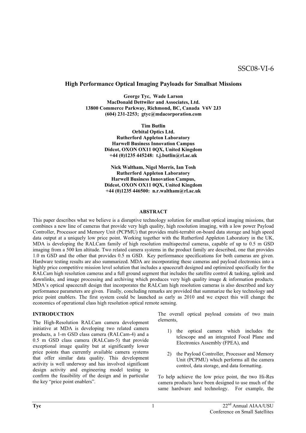 High Performance Optical Imaging Payloads for Smallsat Missions