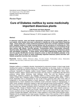 Cure of Diabetes Mellitus by Some Medicinally Important Dioecious Plants