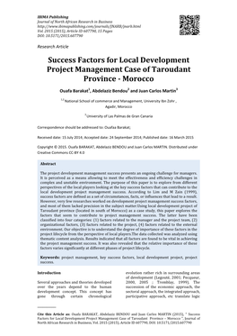 Success Factors for Local Development Project Management Case of Taroudant Province - Morocco