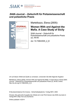 Women with and Against the Mafia. a Case Study of Sicily SIAK-Journal − Zeitschrift Für Polizeiwissenschaft Und Polizeiliche Praxis (2), 48-59