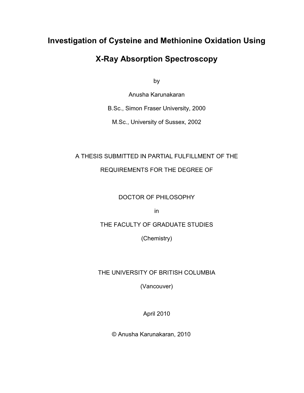 Investigation of Cysteine and Methionine Oxidation Using X-Ray