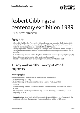 Robert Gibbings: a Centenary Exhibition 1989 List of Items Exhibited
