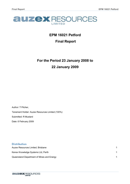 EPM 16021 Petford Final Report for the Period 23 January 2008 to 22