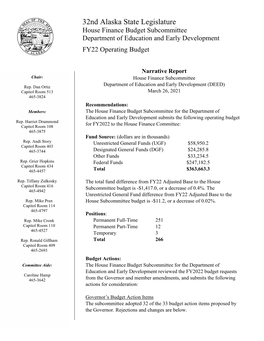 Narrative Report Chair: House Finance Subcommittee