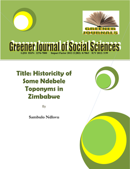 Historicity of Some Ndebele Toponyms in Zimbabwe